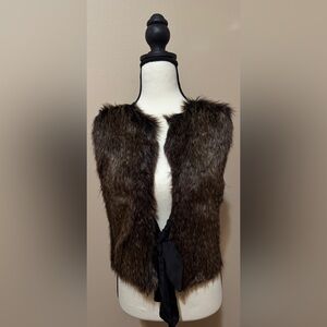 Ann Taylor Dark BrownFaux Fur Wrap/Vest with Black RibbonTie. XXS